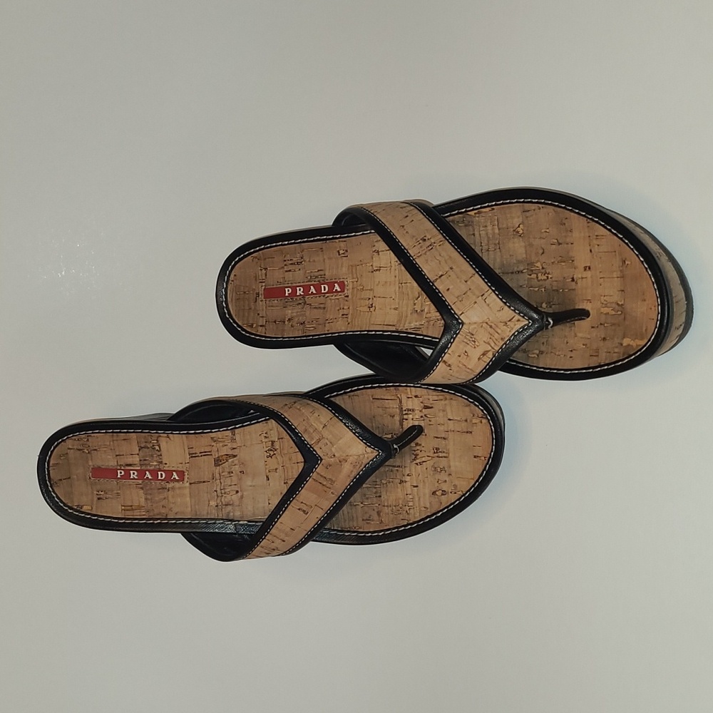 Prada Tan and Black Wedge Sandals